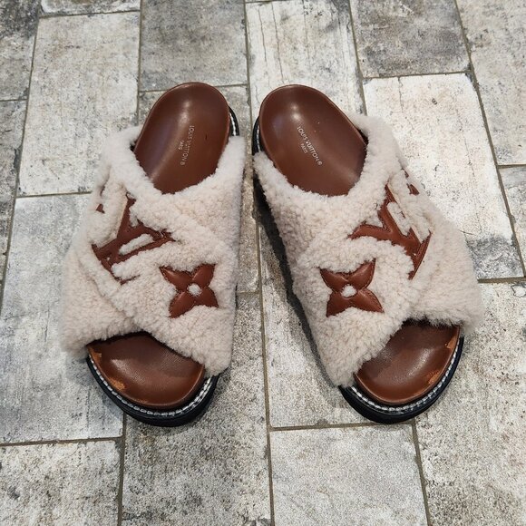 Louis Vuitton Monogram Paseo Shearling Slides, Authentic - Picture 1 of 10